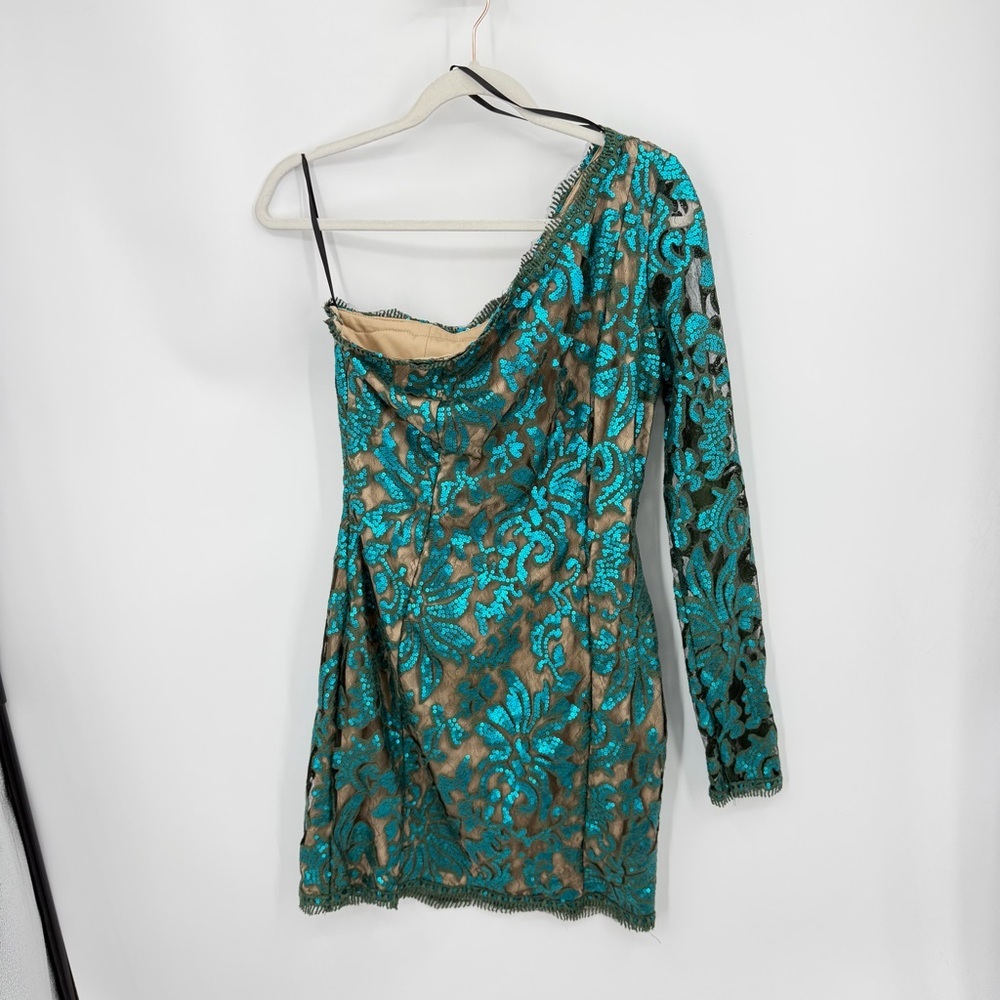 Va Va Voom Lace sequin one shoulder dress holiday Christmas party L teal green